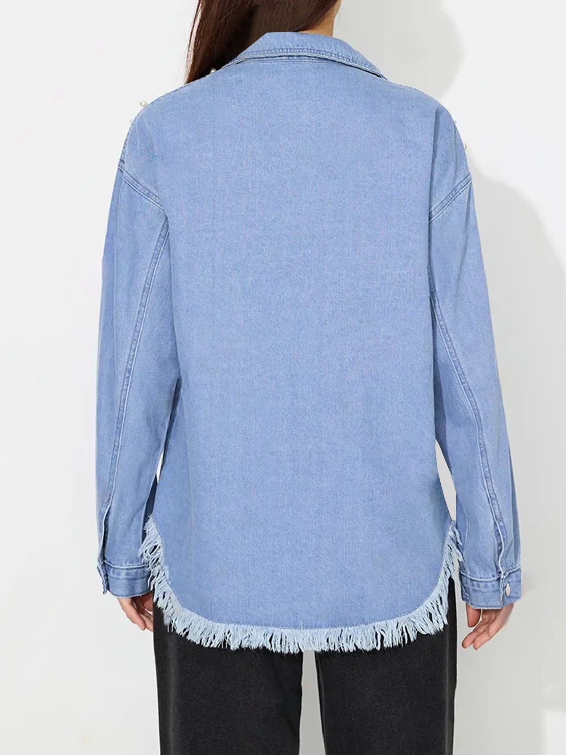 Raw Hem Pearl Trim Collared Neck Denim Top