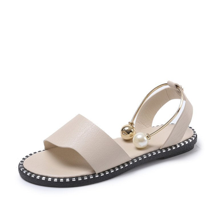 Women Summer Open Toed Simple Flat Roman Style Sandals Pearl Buckle Girl Student Shoes