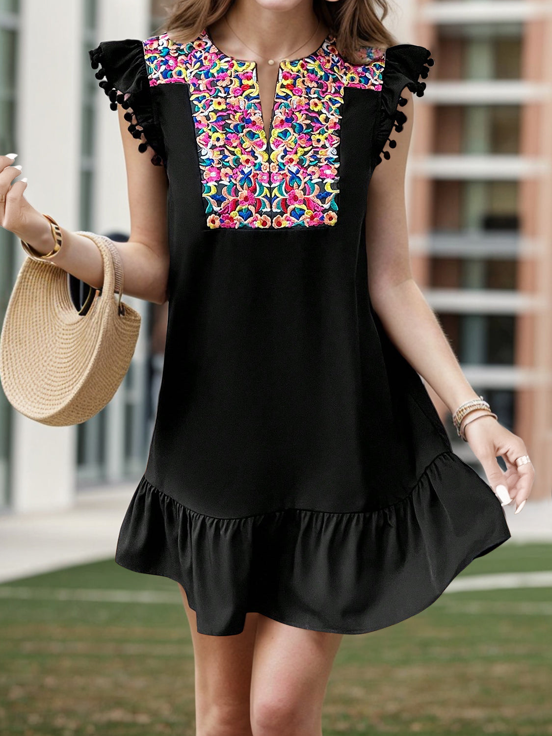 Embroidered Ruffled Notched Ruffle Hem Dress