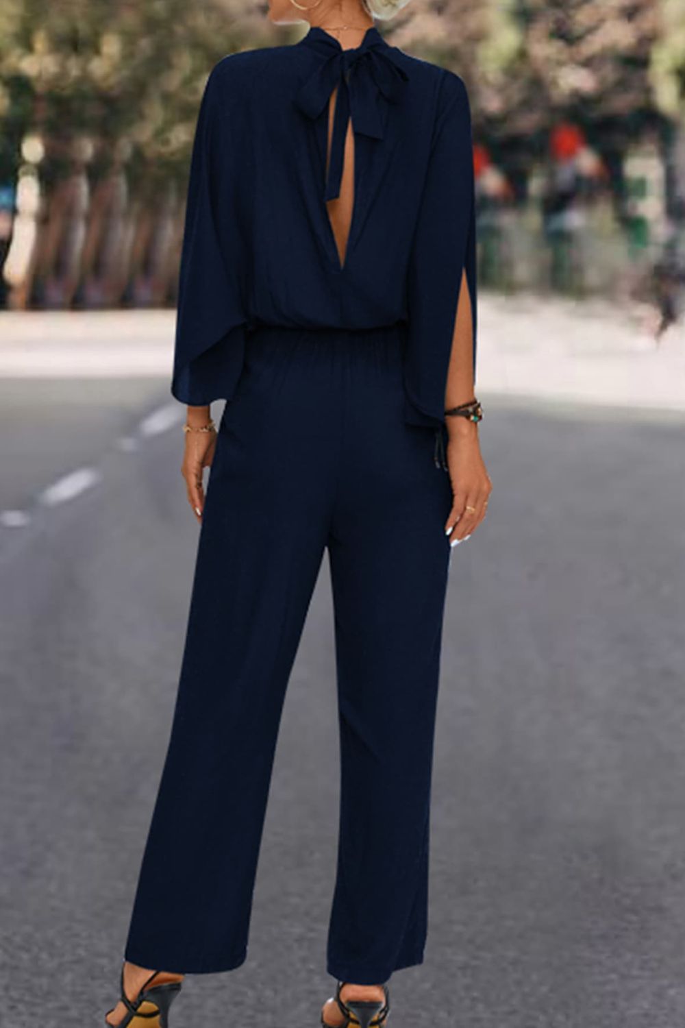 Tie Back Mock Neck Split Sleeve Jumpsuit