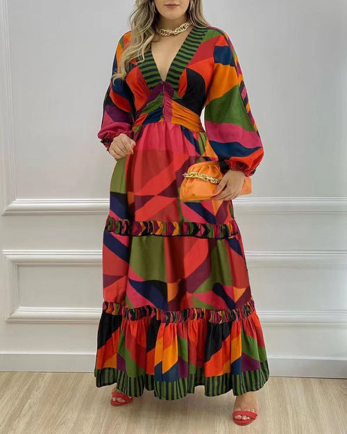 New Long Sleeve Deep V Colorful Print Dress