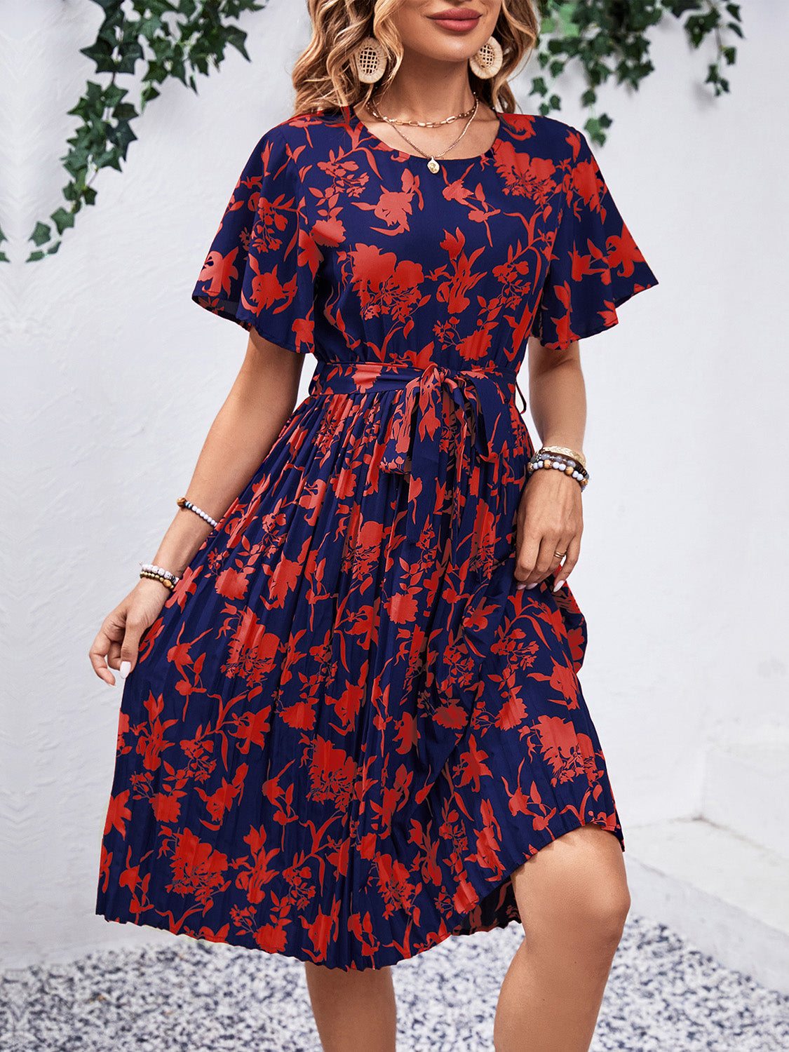 Printed Round Neck Short Sleeve Slightly Stretchy Dress