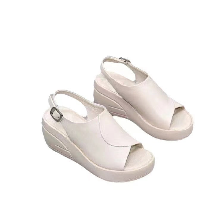 Summer New Real Soft Leather Wedge Sandals Women's Outer Wear Fashion Trending Platform