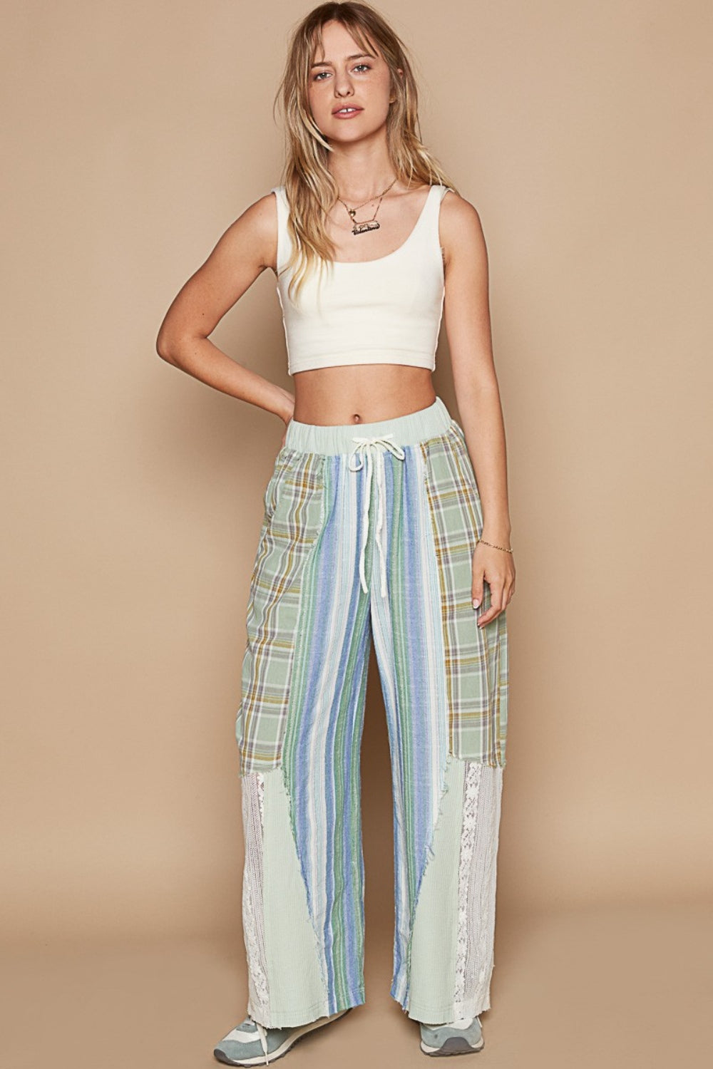 POL Drawstring Plaid Print Lace Straight Pants