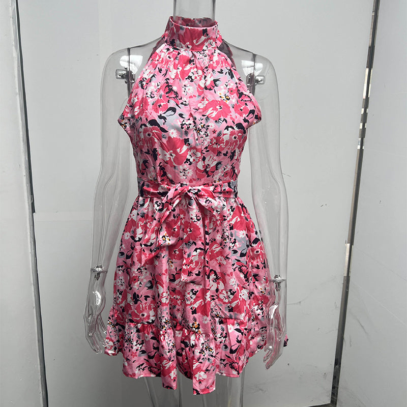 New Flowers Print Halterneck Dress