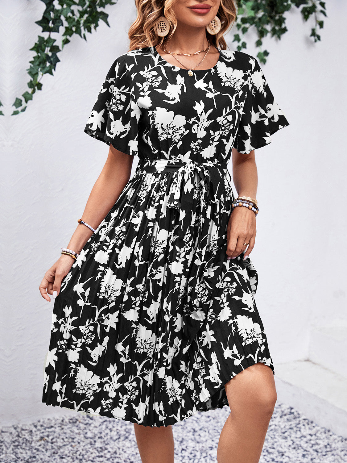 Printed Round Neck Short Sleeve Slightly Stretchy Dress