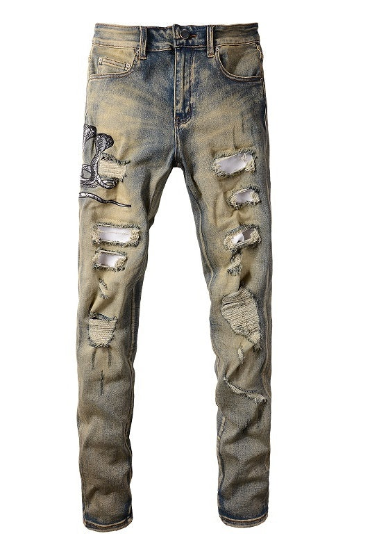 Three Headed Snake Embroidery With Torn Holes, Patchwork Leather, Distressed Stretch Slim Fitting Light Colored Jeans