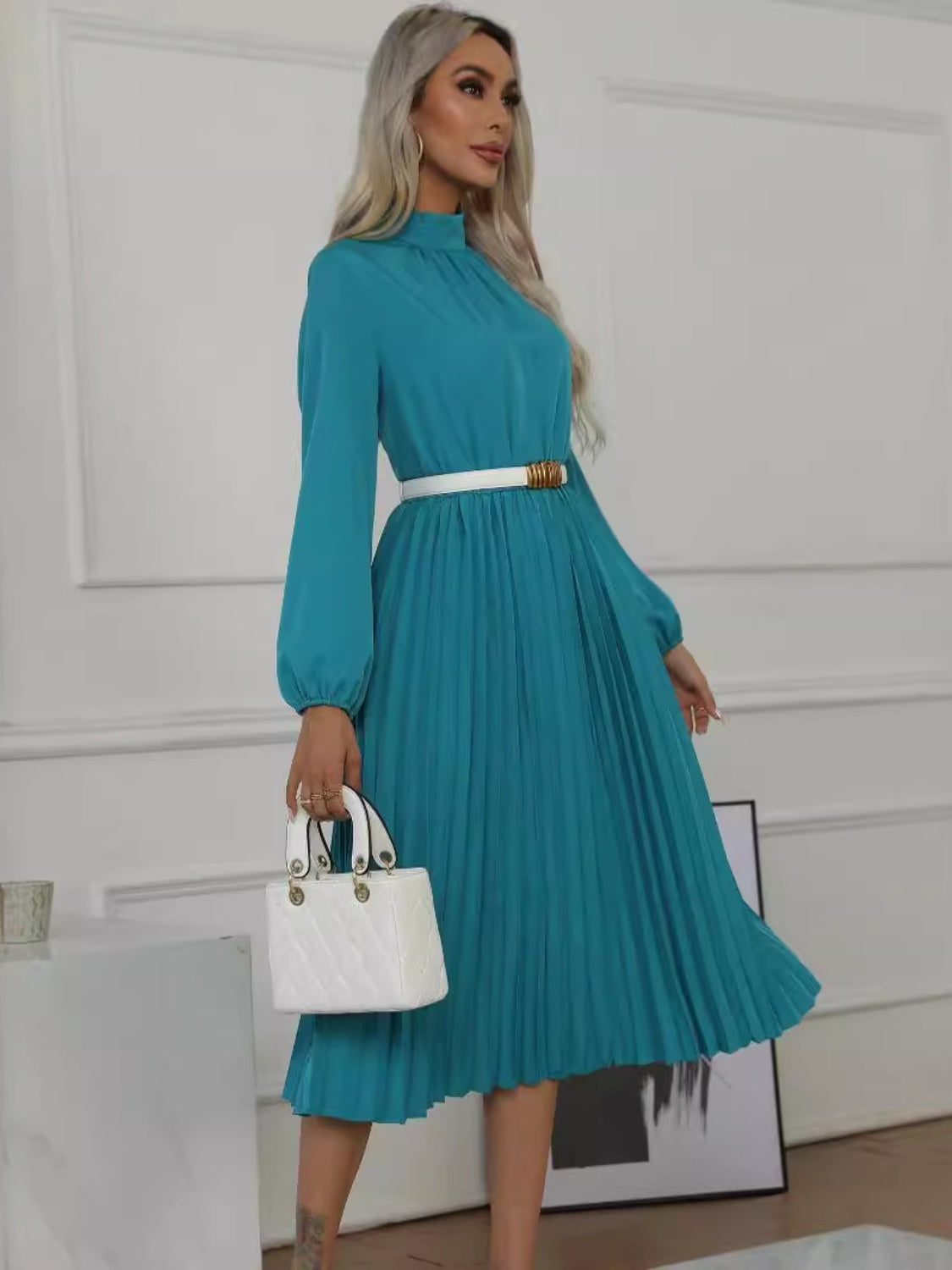 Mock Neck Long Sleeve Pleated Dress