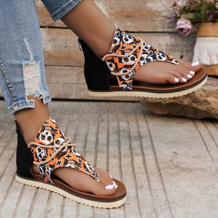 Women's Flip-toe Printed Flat Sandals With Back Zipper