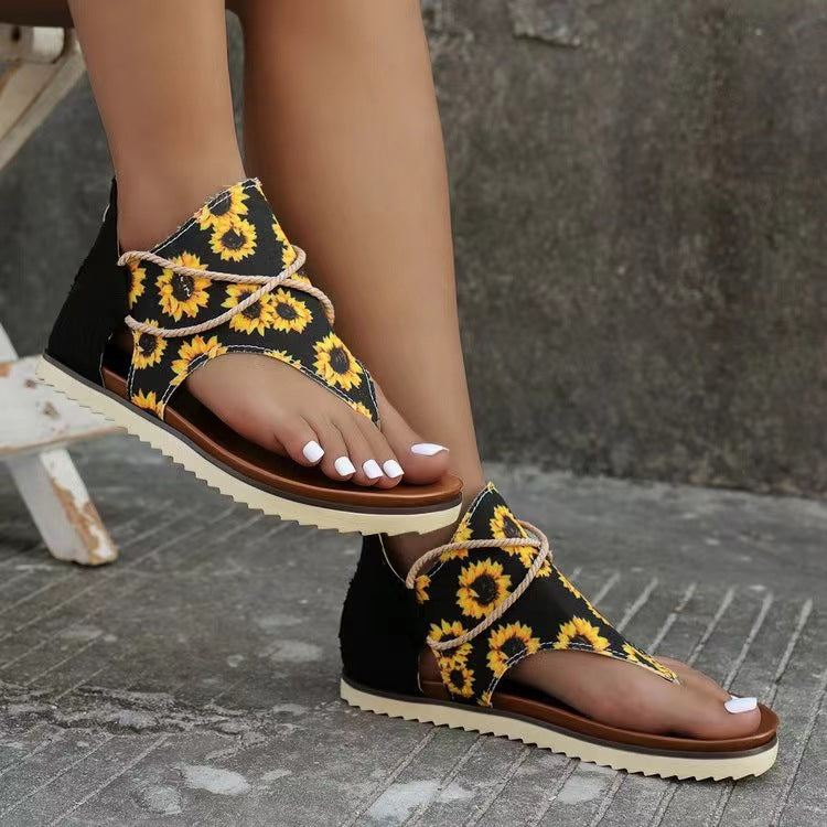 Women's Flip-toe Printed Flat Sandals With Back Zipper