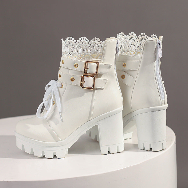 Women's Platform Retro Lace Up Belt Buckle Boots