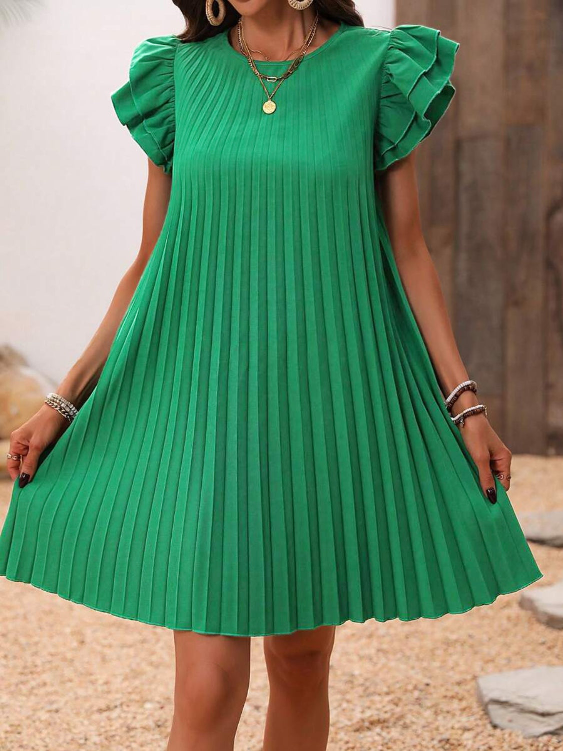 Pleated Round Neck Cap Sleeve Mini Dress