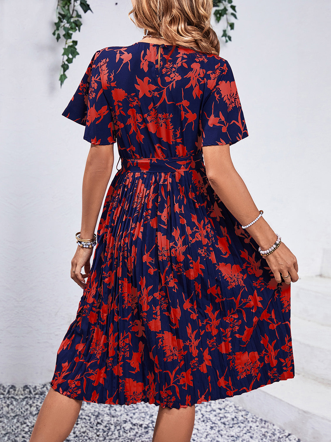 Printed Round Neck Short Sleeve Slightly Stretchy Dress