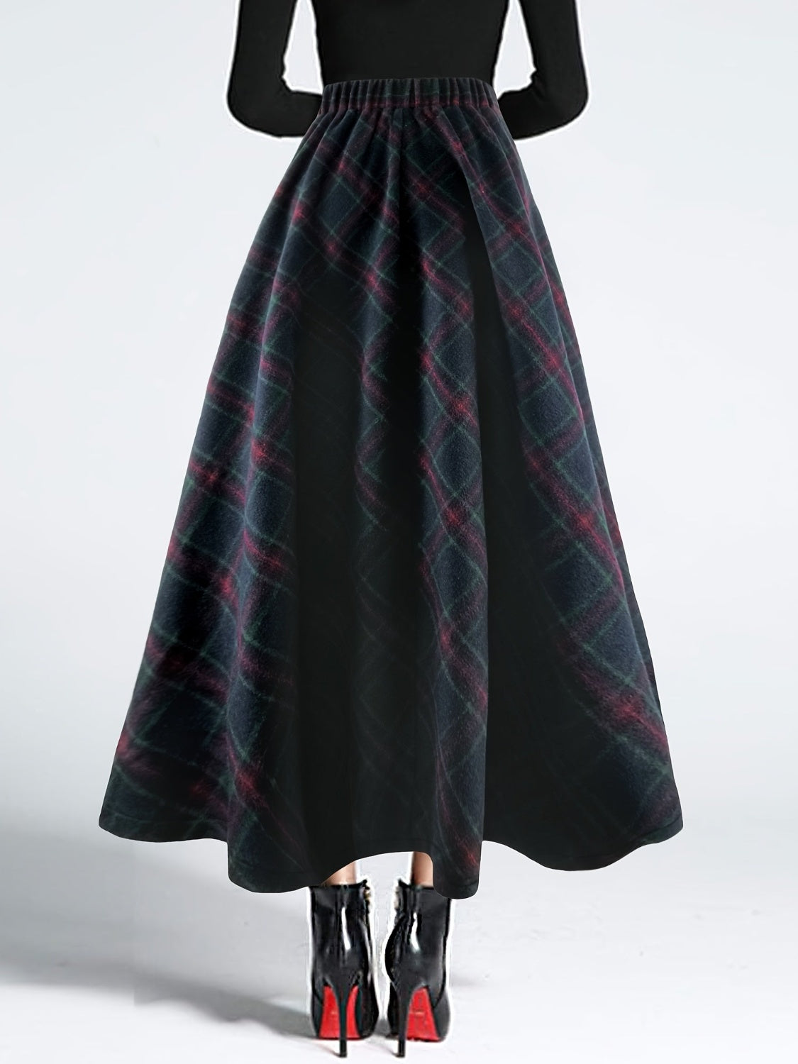 Plaid Elastic Waist Midi Skirt