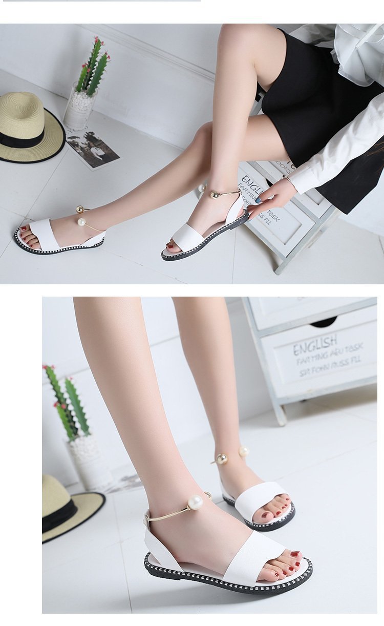 Women Summer Open Toed Simple Flat Roman Style Sandals Pearl Buckle Girl Student Shoes