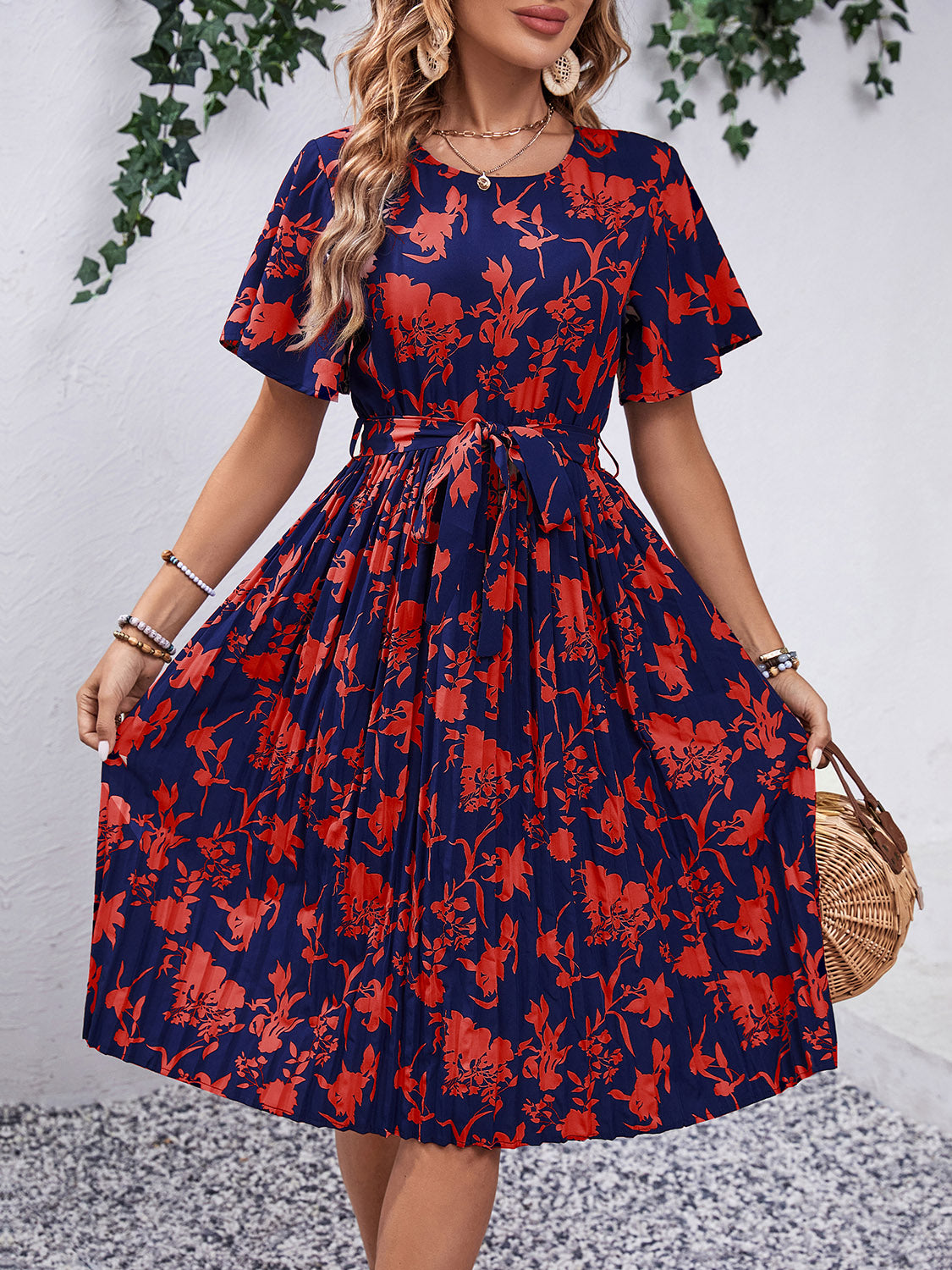 Printed Round Neck Short Sleeve Slightly Stretchy Dress