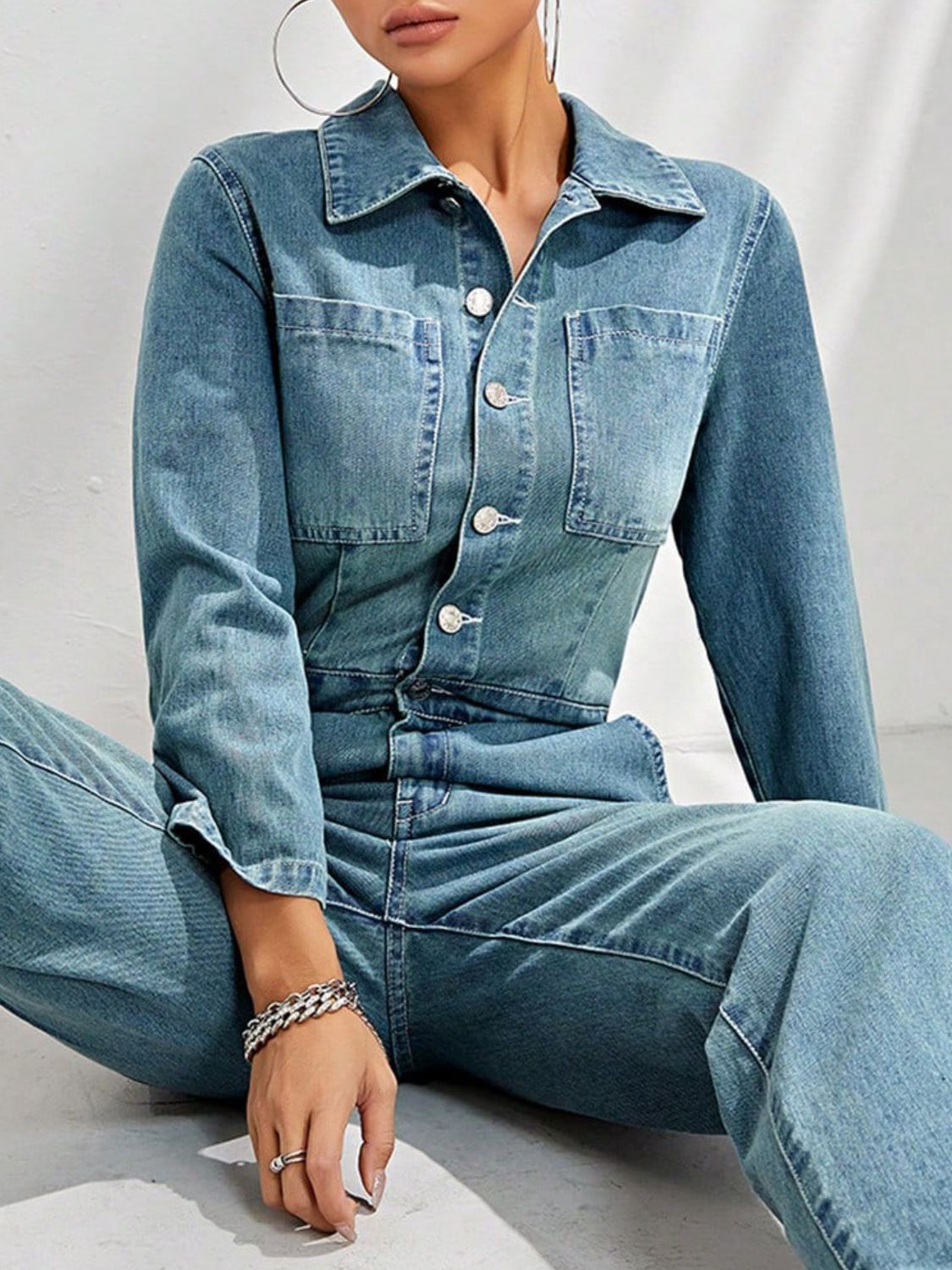 Half Button Long Sleeve Straight Leg Denim Jumpsuit