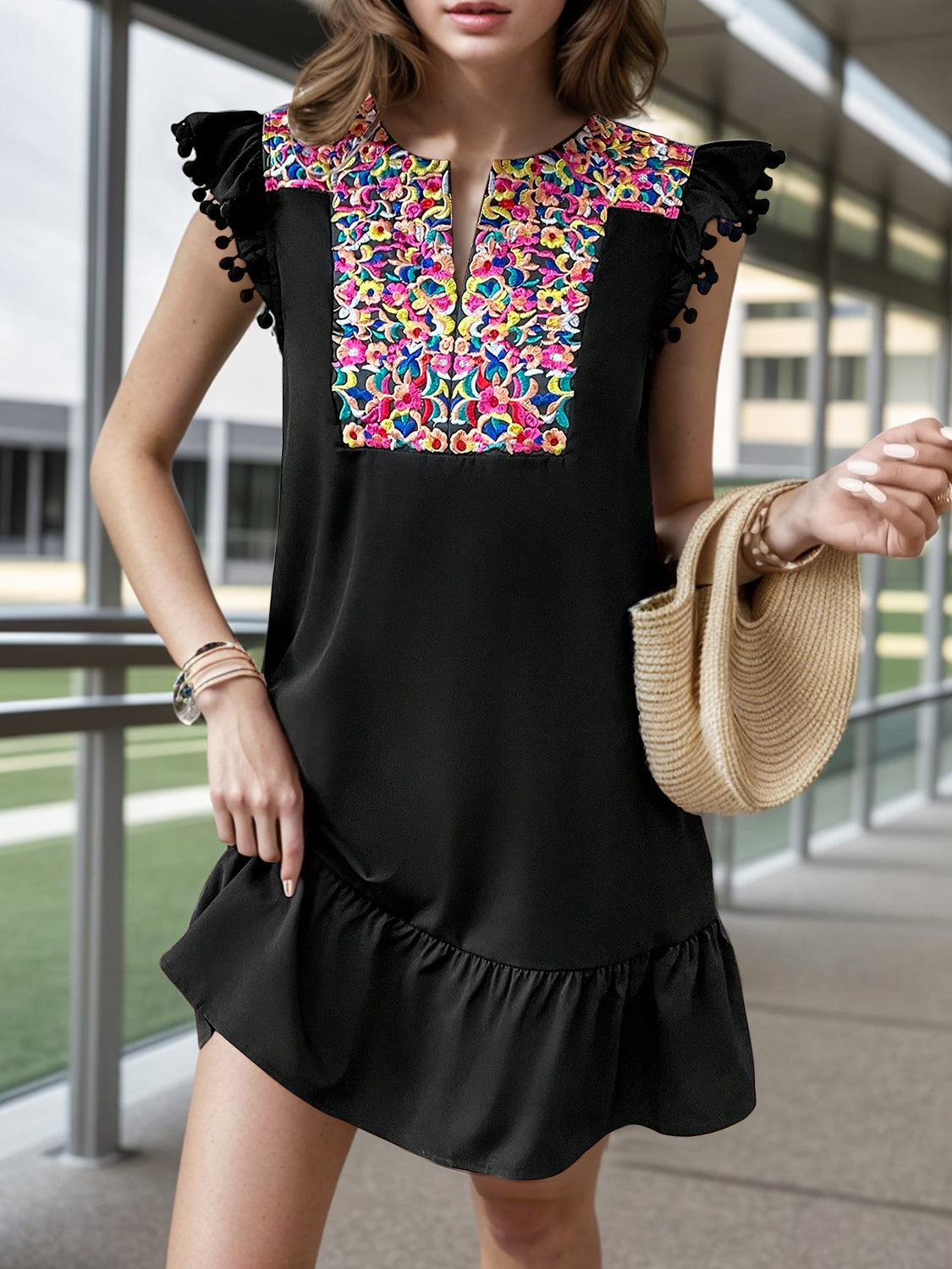 Embroidered Ruffled Notched Ruffle Hem Dress