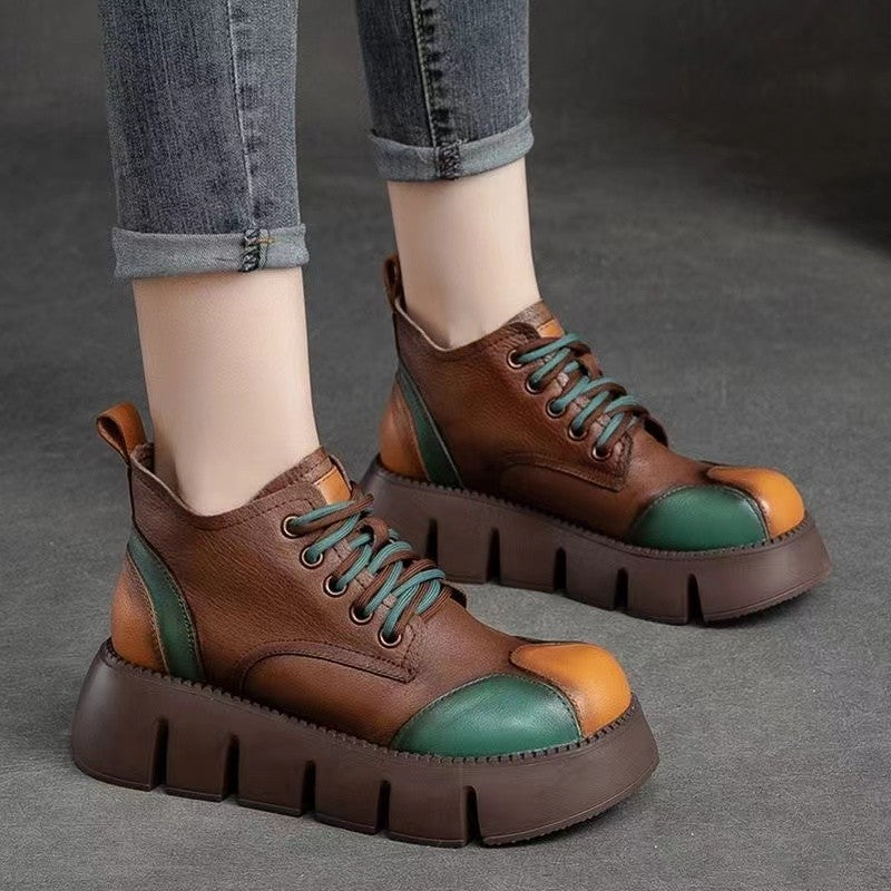 Women's Fashion Colorblock Leather Double Ribbon Platform Martin Boots