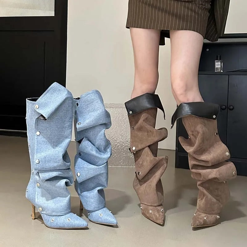 Women's Fashion Buckle Stitching Stiletto Heel Denim Pleated Pile Style Boots