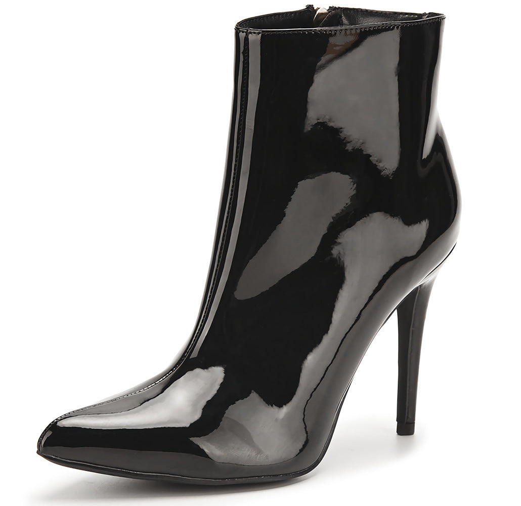 Women's Fashion Patent Leather Pointed Toe Side Zipper Fine High Heel Boots