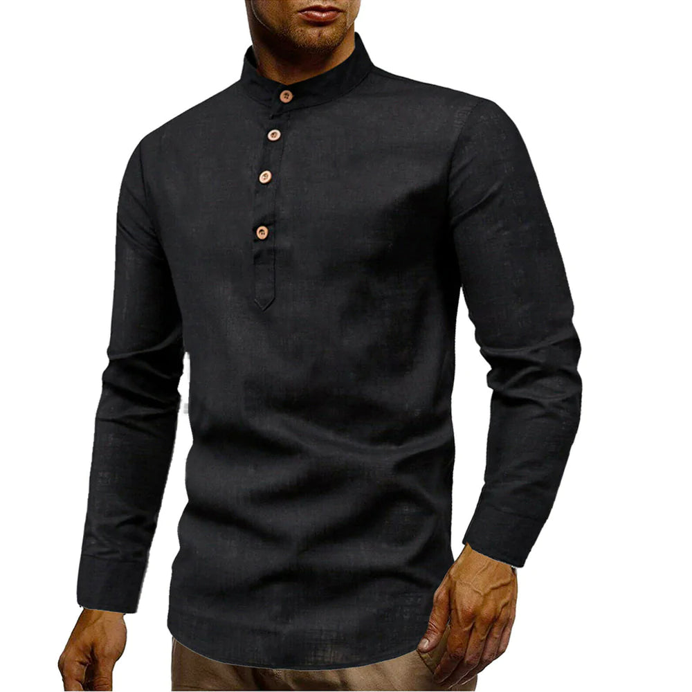 Mens Stand Collar Linen Shirt