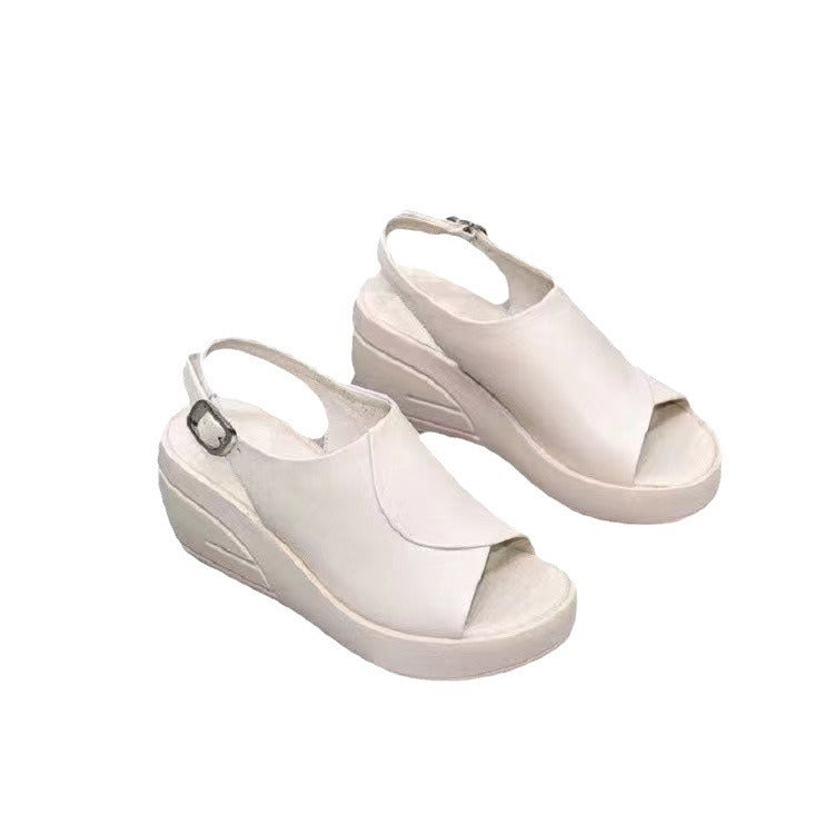 Summer New Real Soft Leather Wedge Sandals Women's Outer Wear Fashion Trending Platform